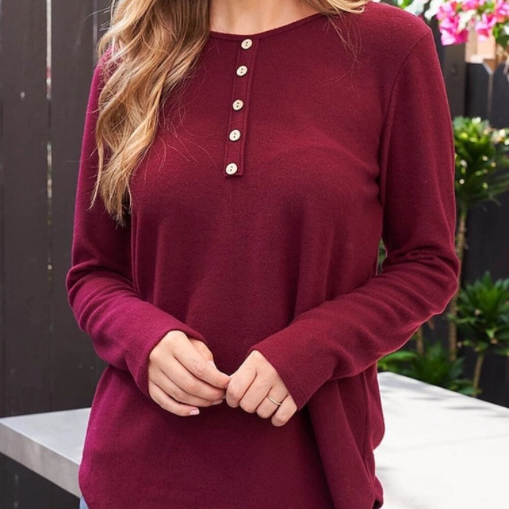 Button Detail Long Sleeve Round Hem Solid Top